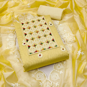 Yellow Chanderi Cotton Suit Material with Graceful Embroidery