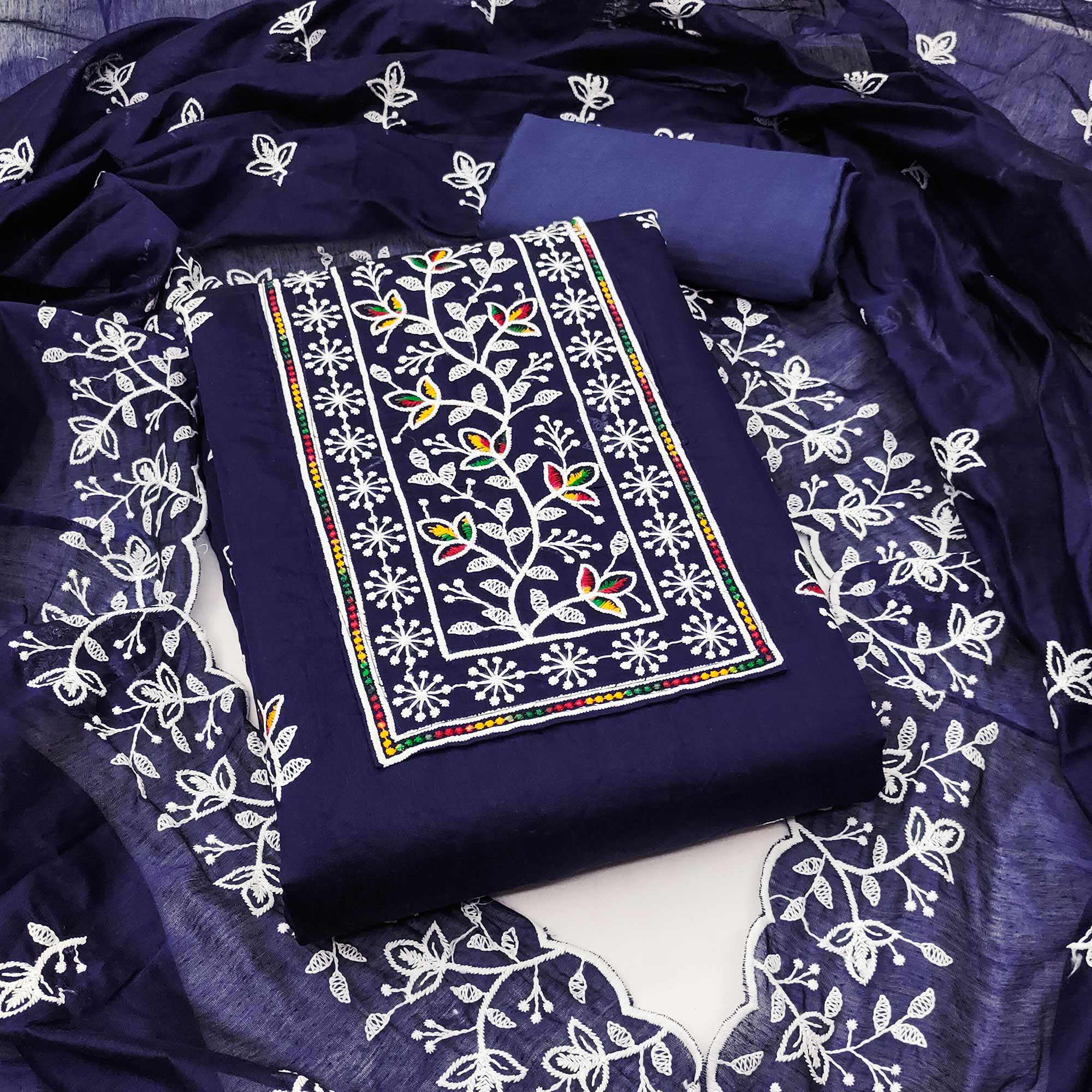 Navy Blue Embroidered Floral Chanderi Cotton Material for Elegant Dressing