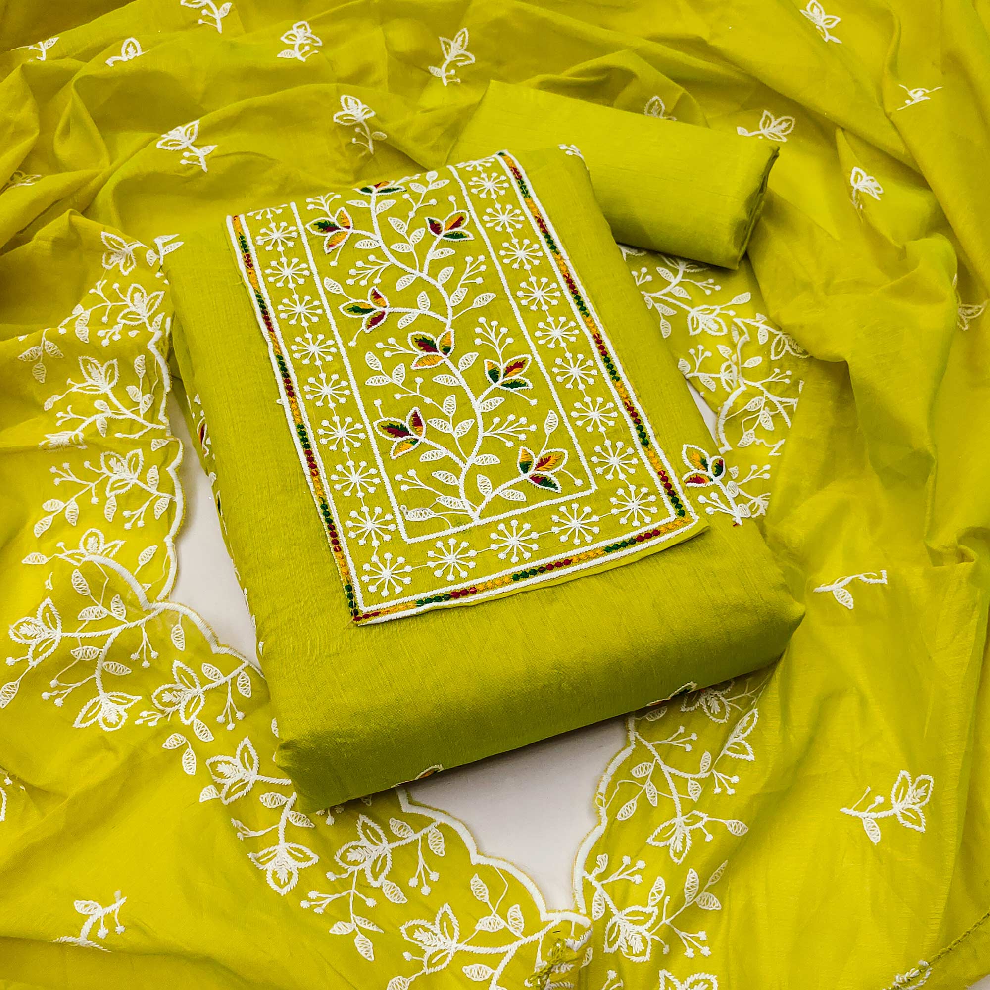 Parrot Green Embroidered Floral Chanderi Cotton Material for Elegant Dressing