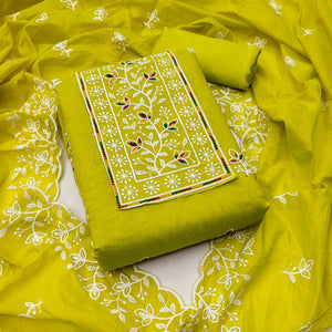 Parrot Green Embroidered Floral Chanderi Cotton Material for Elegant Dressing
