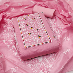 Pink Embroidered Floral Chanderi Cotton Material for Elegant Dressing
