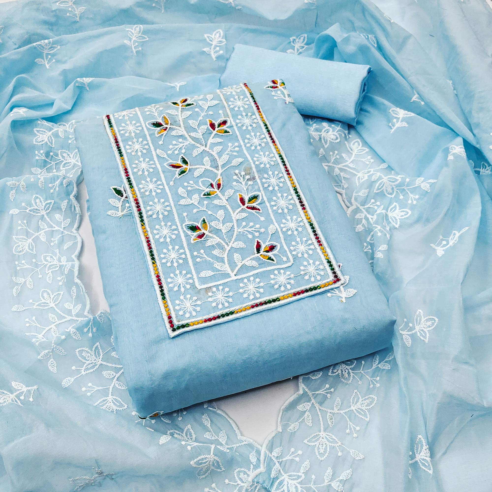 Sky Blue Embroidered Floral Chanderi Cotton Material for Elegant Dressing