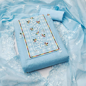 Sky Blue Embroidered Floral Chanderi Cotton Material for Elegant Dressing