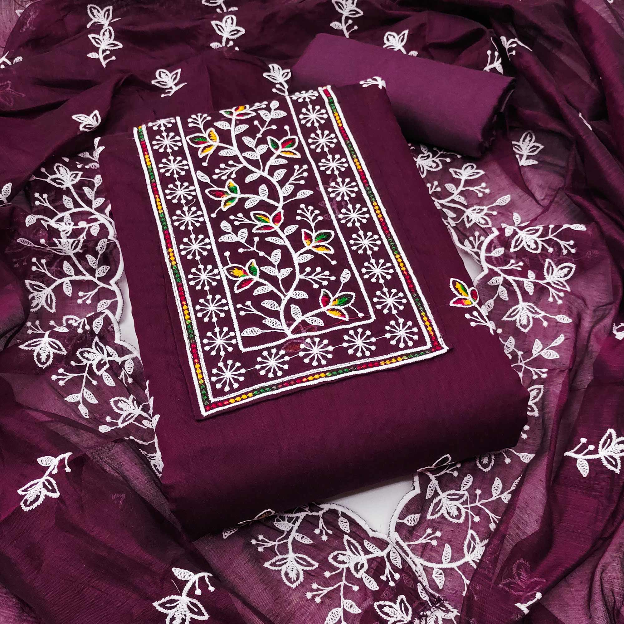 Wine Embroidered Floral Chanderi Cotton Material for Elegant Dressing