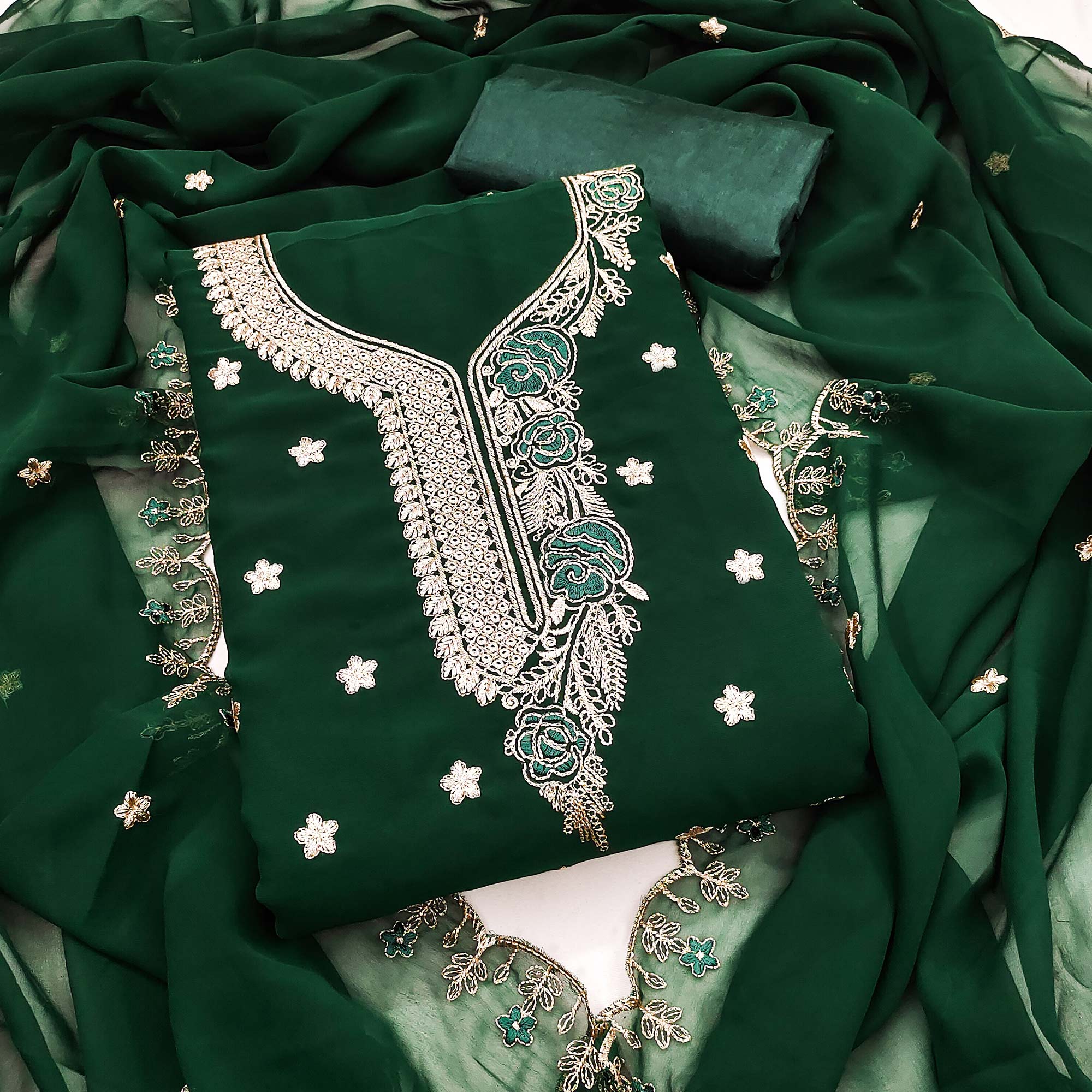 Bottle Green Dress Material Featuring Delicate Floral Thread & Zari Em Bottle Green Dress Material Featuring Delicate Floral Thread & Zari Em