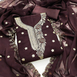 Brown Dress Material Featuring Delicate Floral Thread & Zari Embroidery Work On Georgette