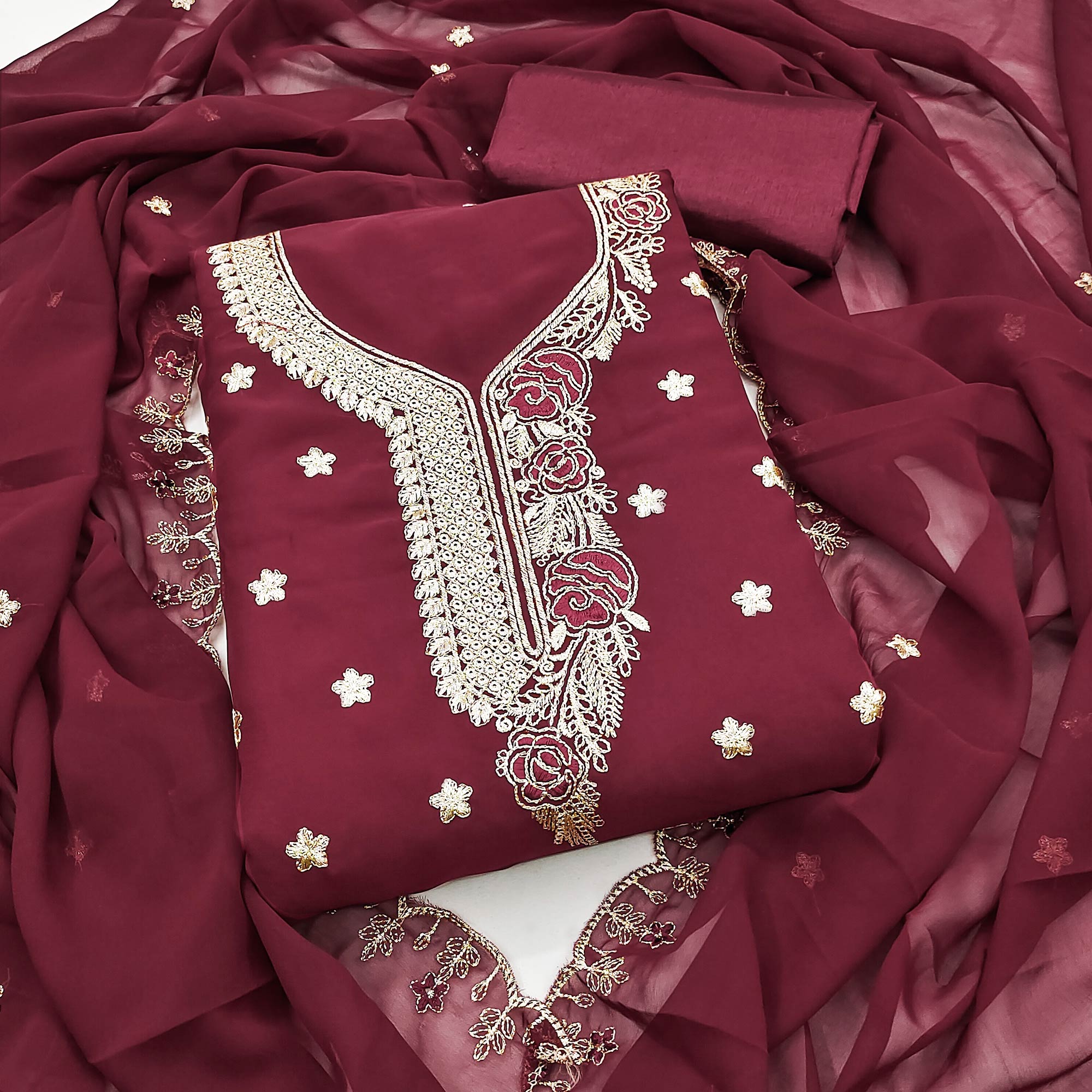 Maroon Dress Material Featuring Delicate Floral Thread & Zari Embroidery Work On Georgette