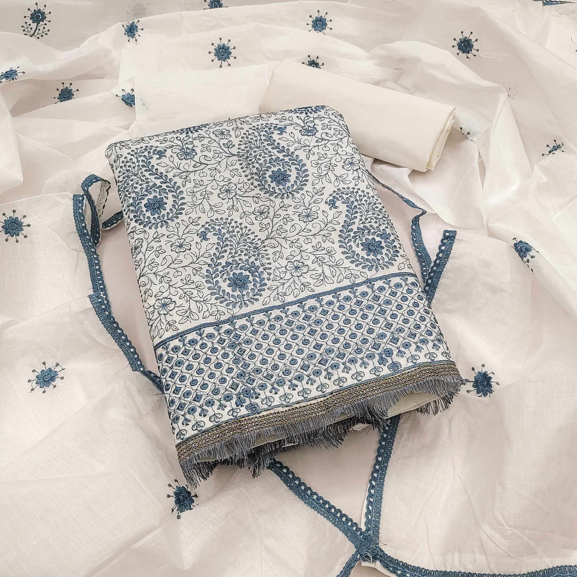 Cream Dress Material In Cotton Blend With Graceful Floral Thread Embro