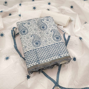 Cream Dress Material In Cotton Blend With Graceful Floral Thread Embroidery