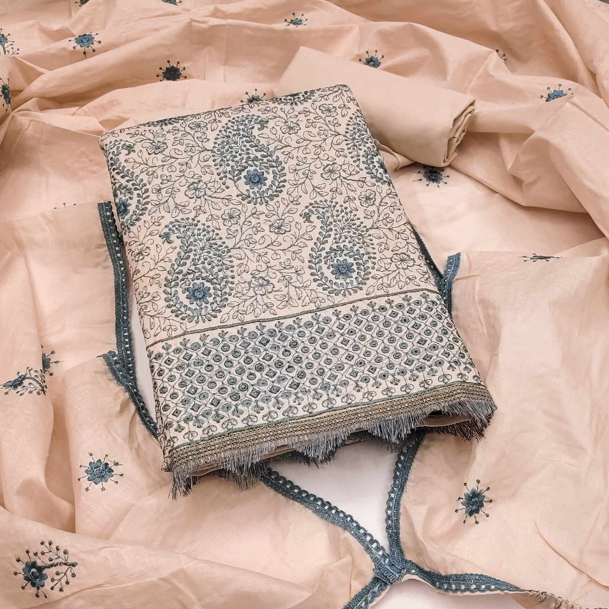 Peach Dress Material In Cotton Blend With Graceful Floral Thread Embroidery