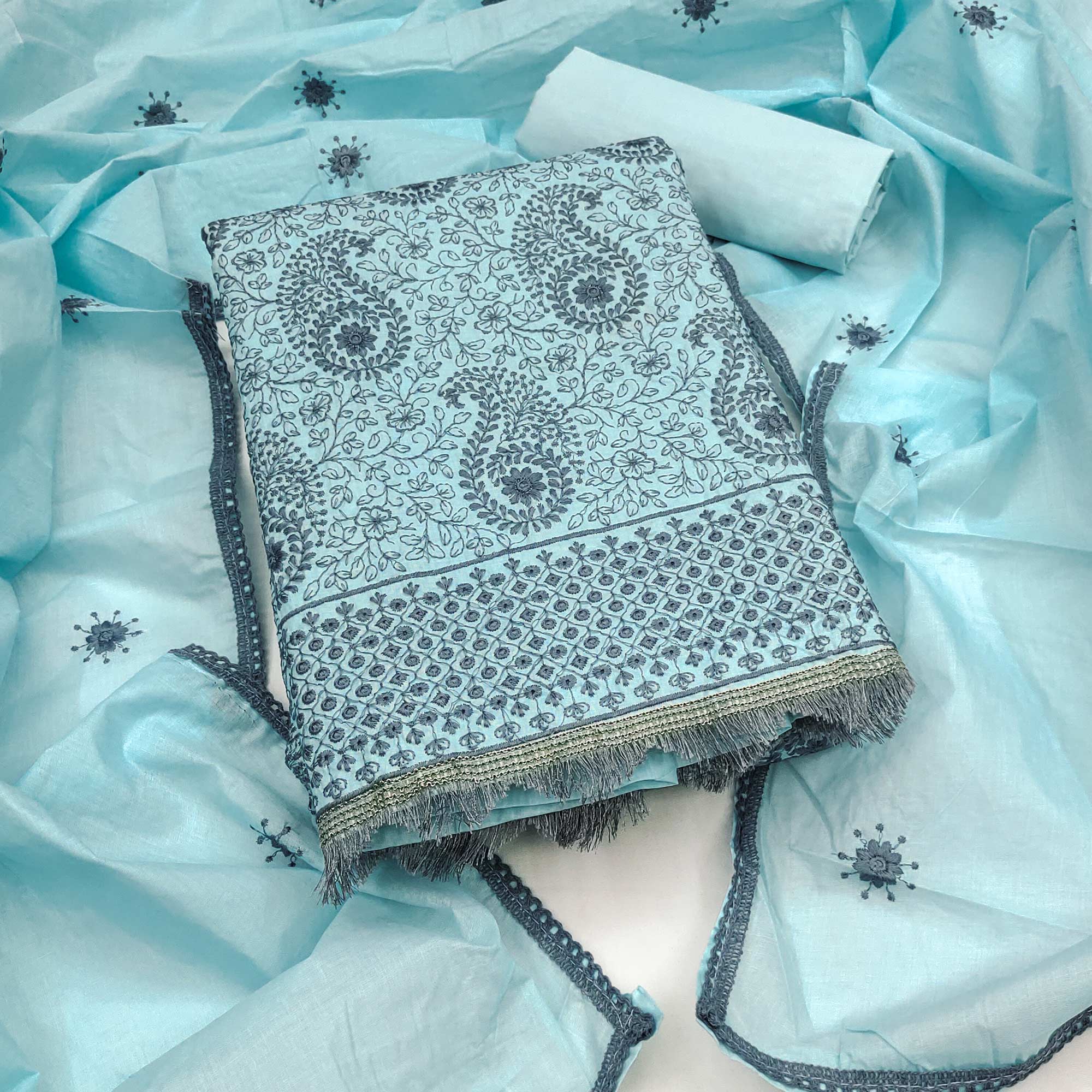 Sky Blue Dress Material In Cotton Blend With Graceful Floral Thread Em