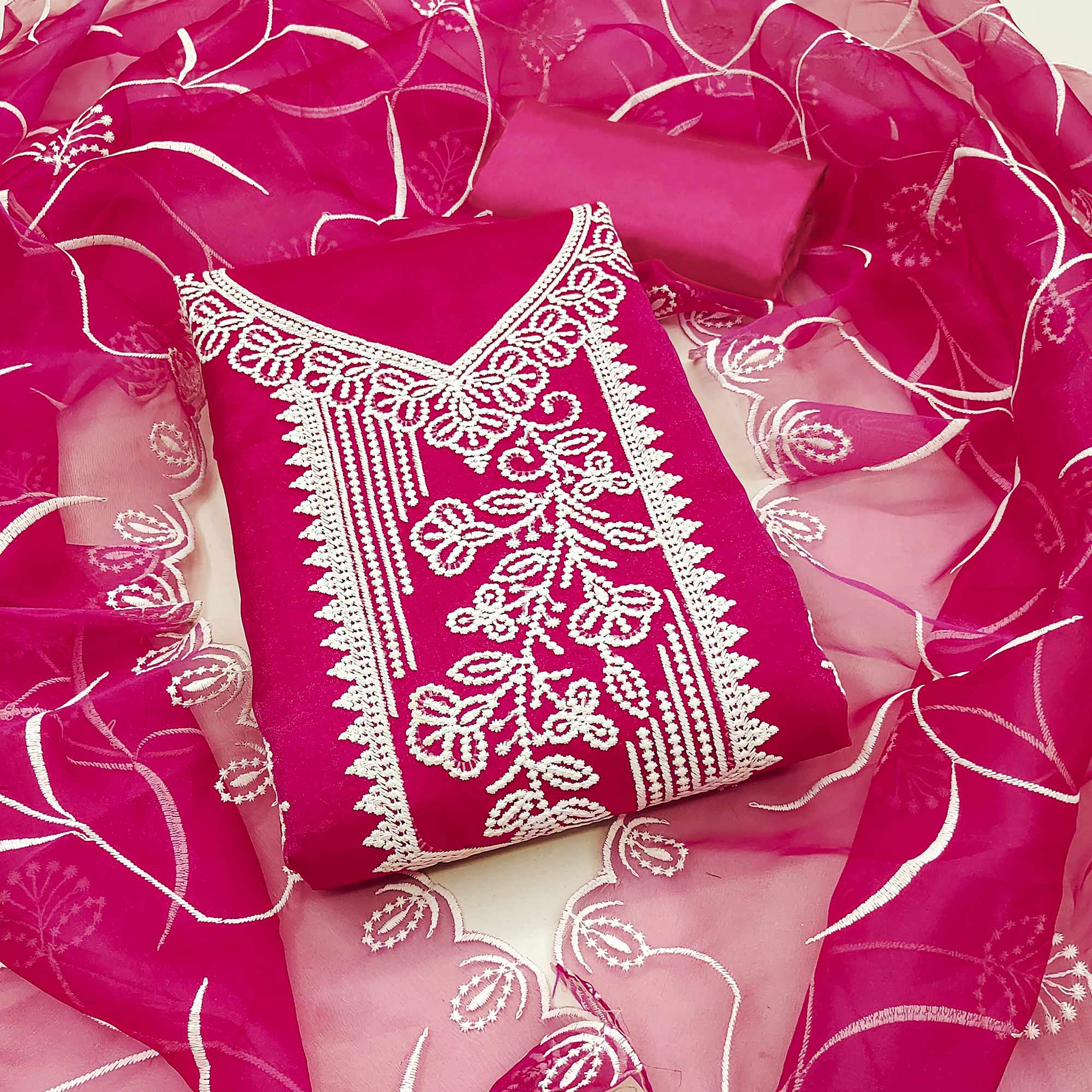 Pink Organza Dress Material With Alluring Thread Floral Embroidery