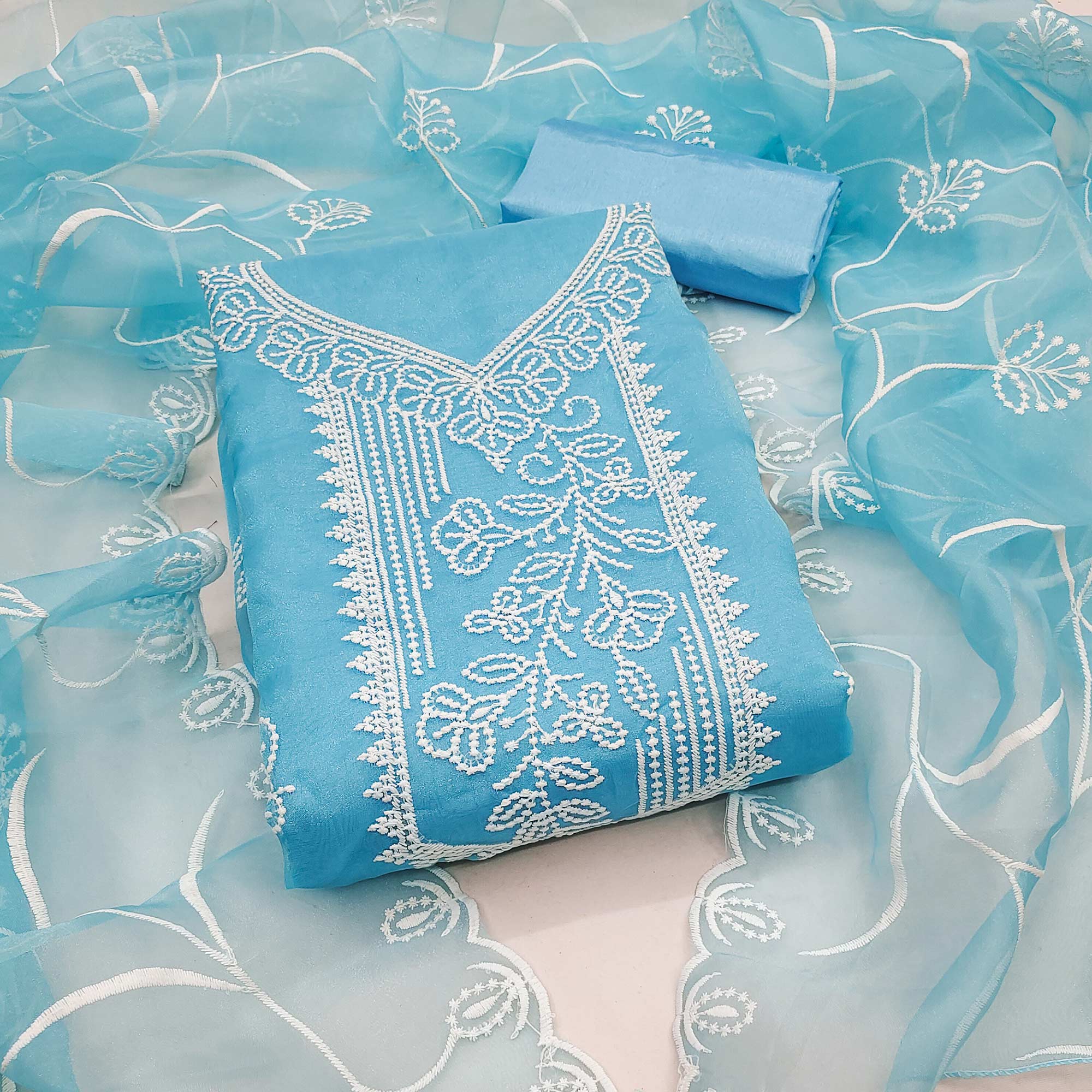 Sky Blue Organza Dress Material With Alluring Thread Floral Embroidery