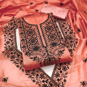 Festive Peach Floral Embroidered Dress Material in Sheer Chanderi Silk