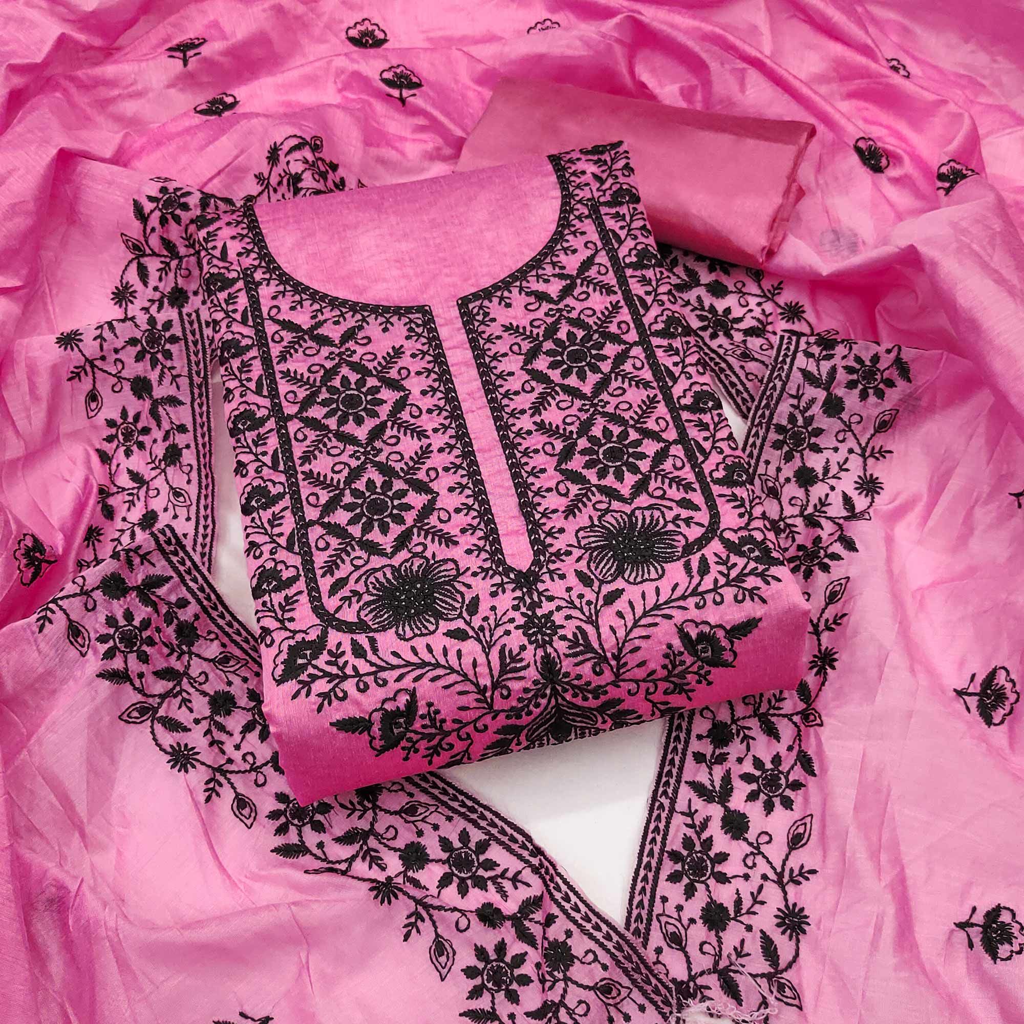 Festive Pink Floral Embroidered Dress Material in Sheer Chanderi Silk