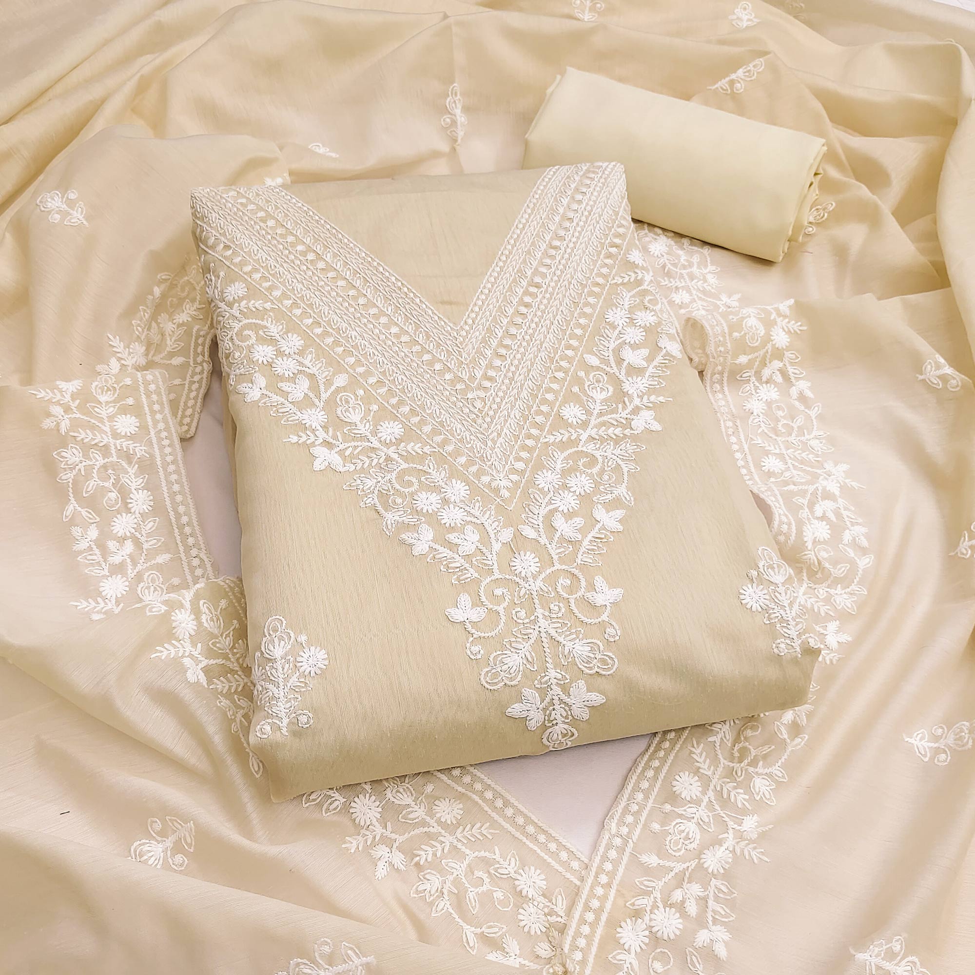 Traditional Cream Chanderi Silk Suit Fabric with Embroidered Floral Patterns - Image 1