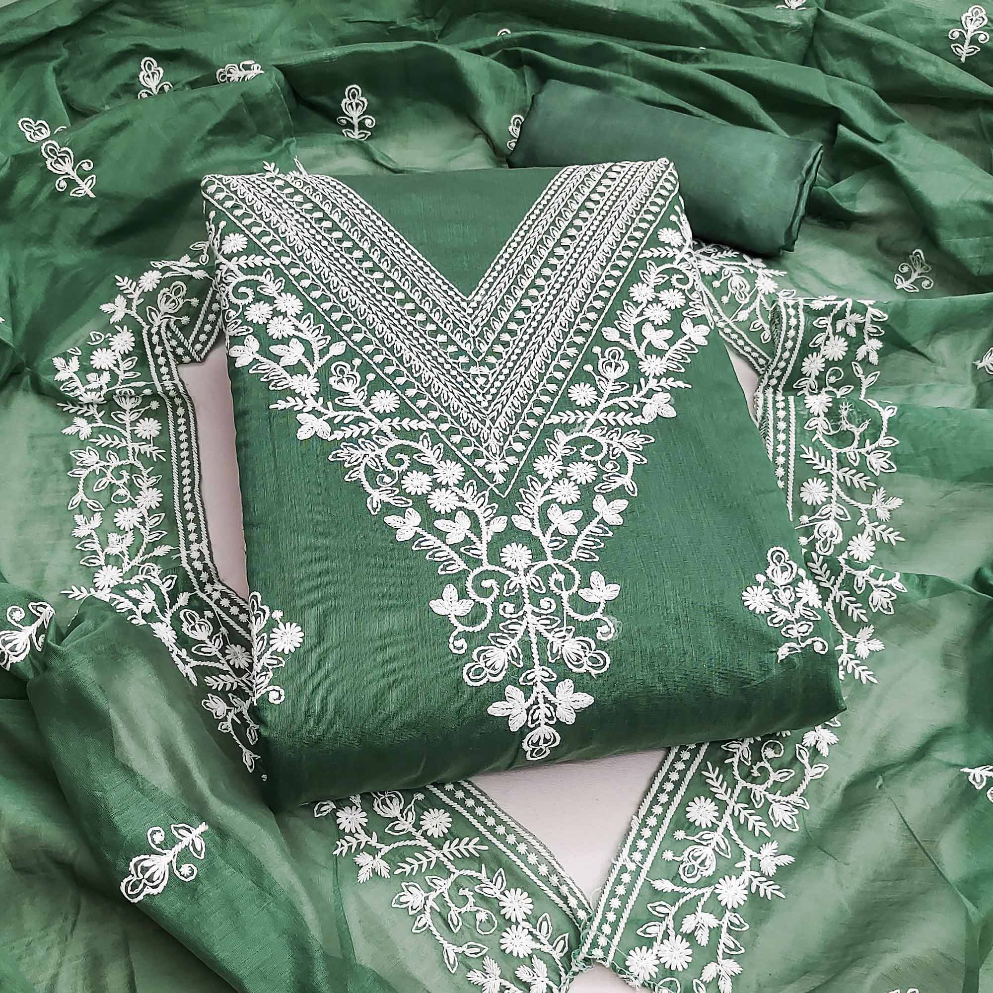 Traditional Green Chanderi Silk Suit Fabric with Embroidered Floral Patterns