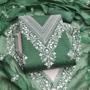 Traditional Green Chanderi Silk Suit Fabric with Embroidered Floral Patterns