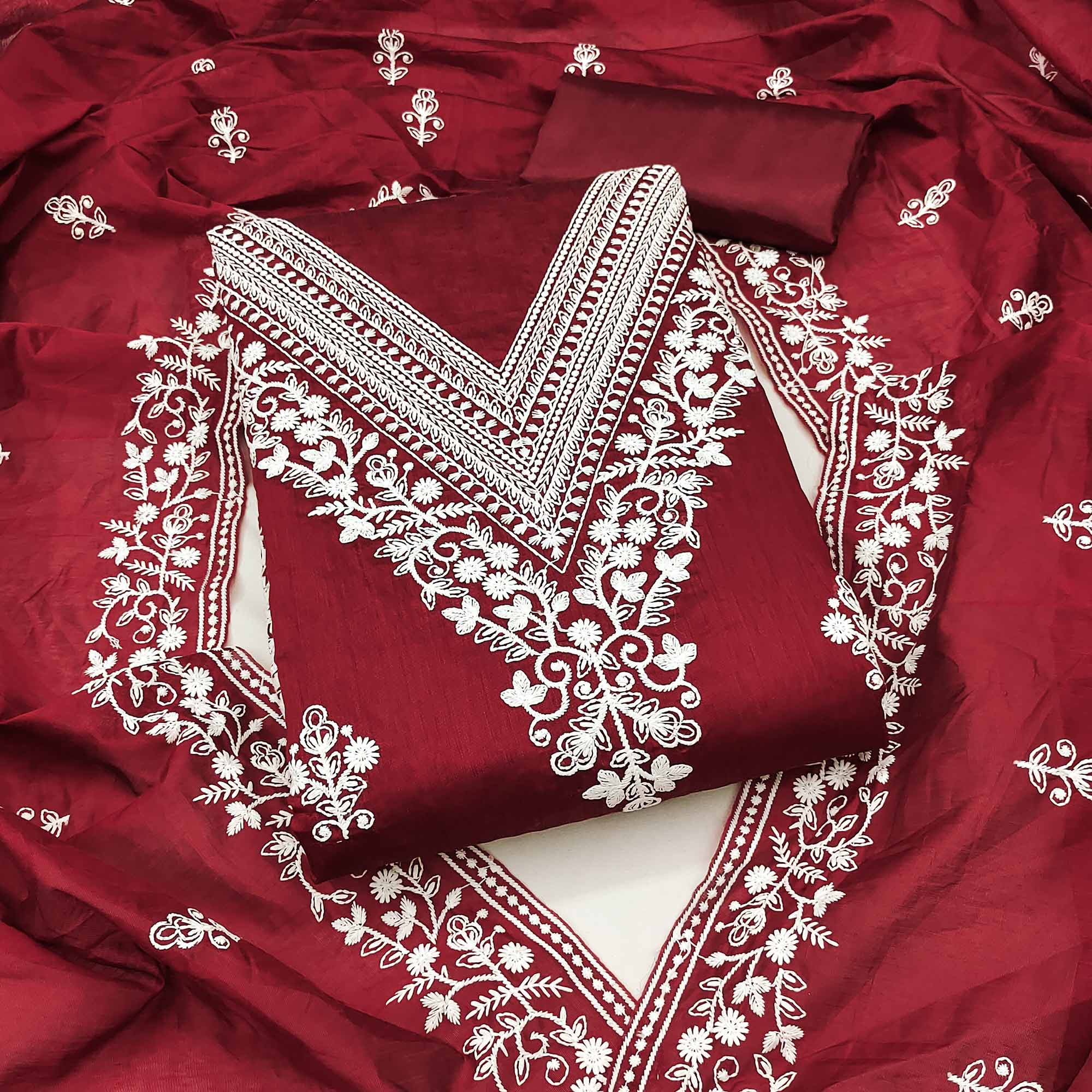 Traditional Maroon Chanderi Silk Suit Fabric with Embroidered Floral Patterns
