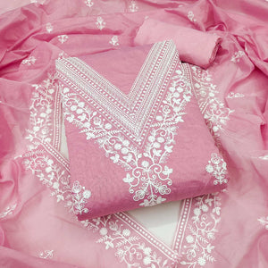 Traditional Pink Chanderi Silk Suit Fabric with Embroidered Floral Patterns