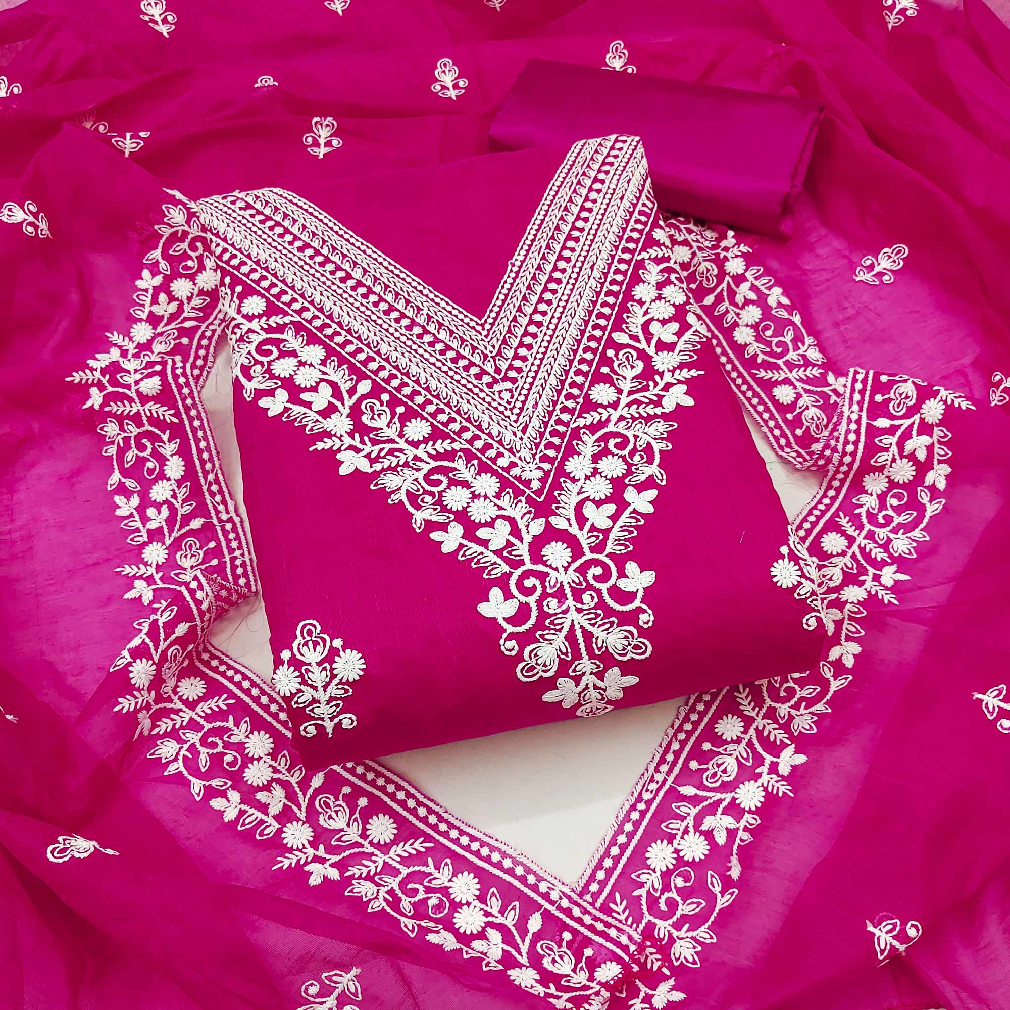 Traditional Rani Pink Chanderi Silk Suit Fabric with Embroidered Floral Patterns
