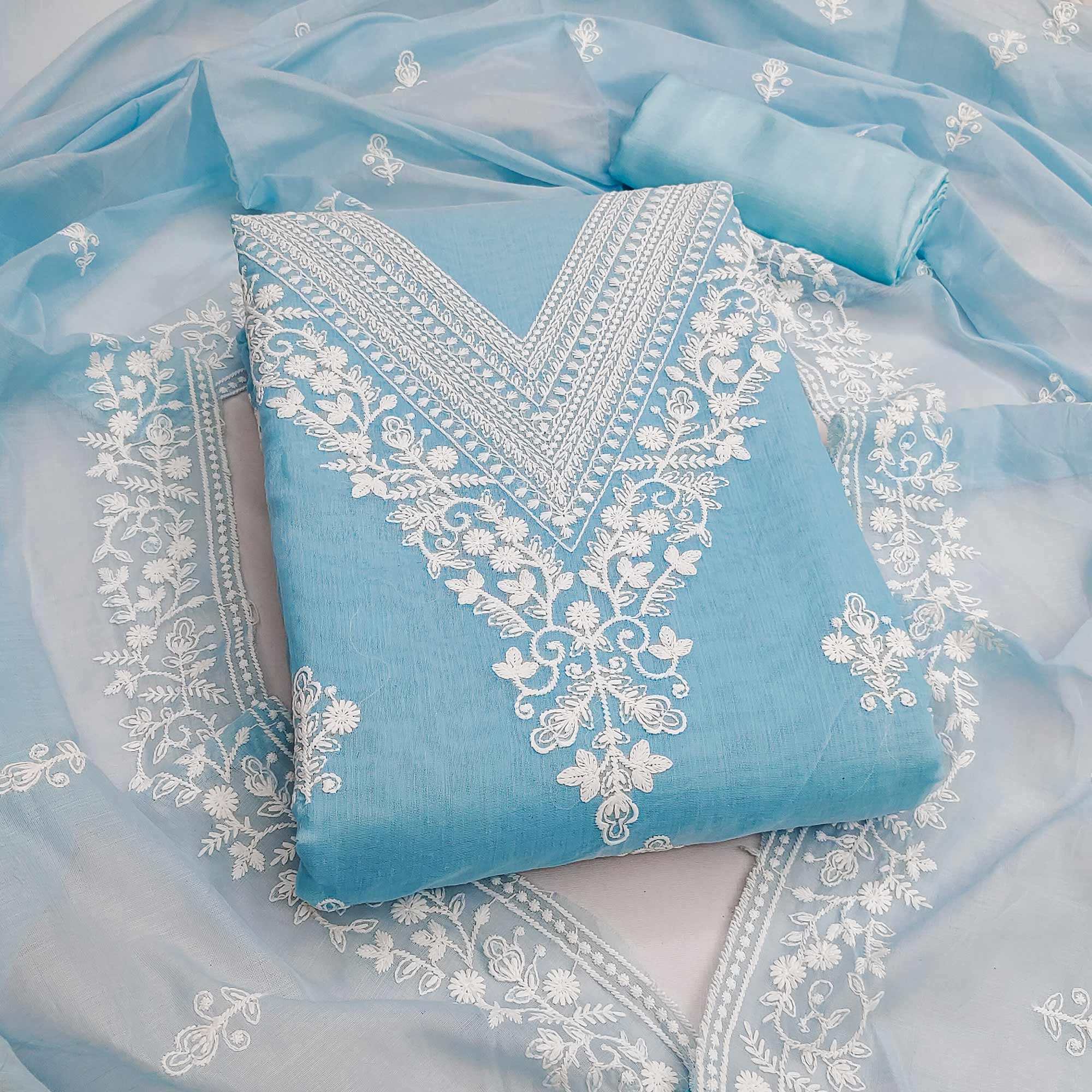 Traditional Sky Blue Chanderi Silk Suit Fabric with Embroidered Floral Patterns