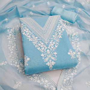 Traditional Sky Blue Chanderi Silk Suit Fabric with Embroidered Floral Patterns
