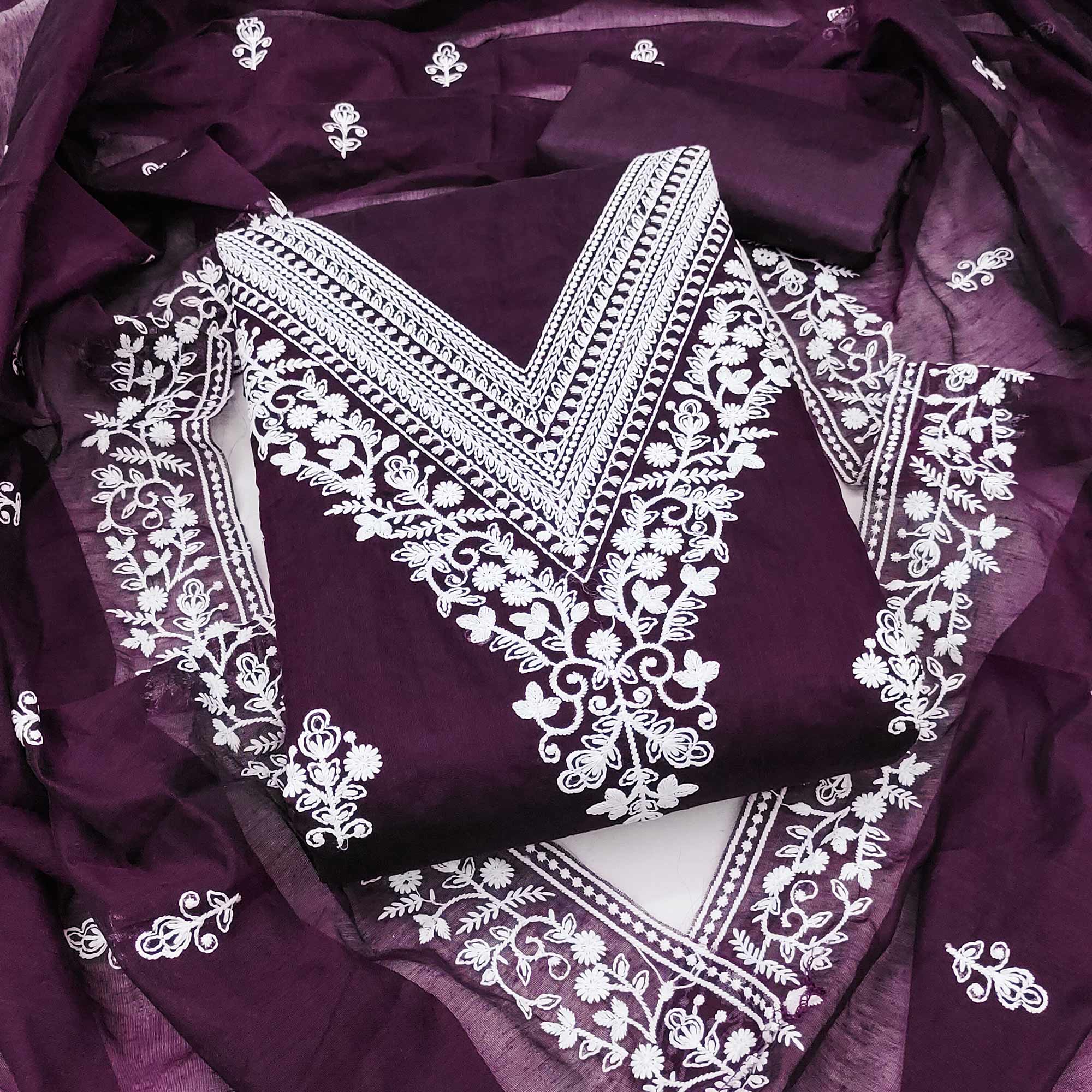 Traditional Wine Chanderi Silk Suit Fabric with Embroidered Floral Patterns