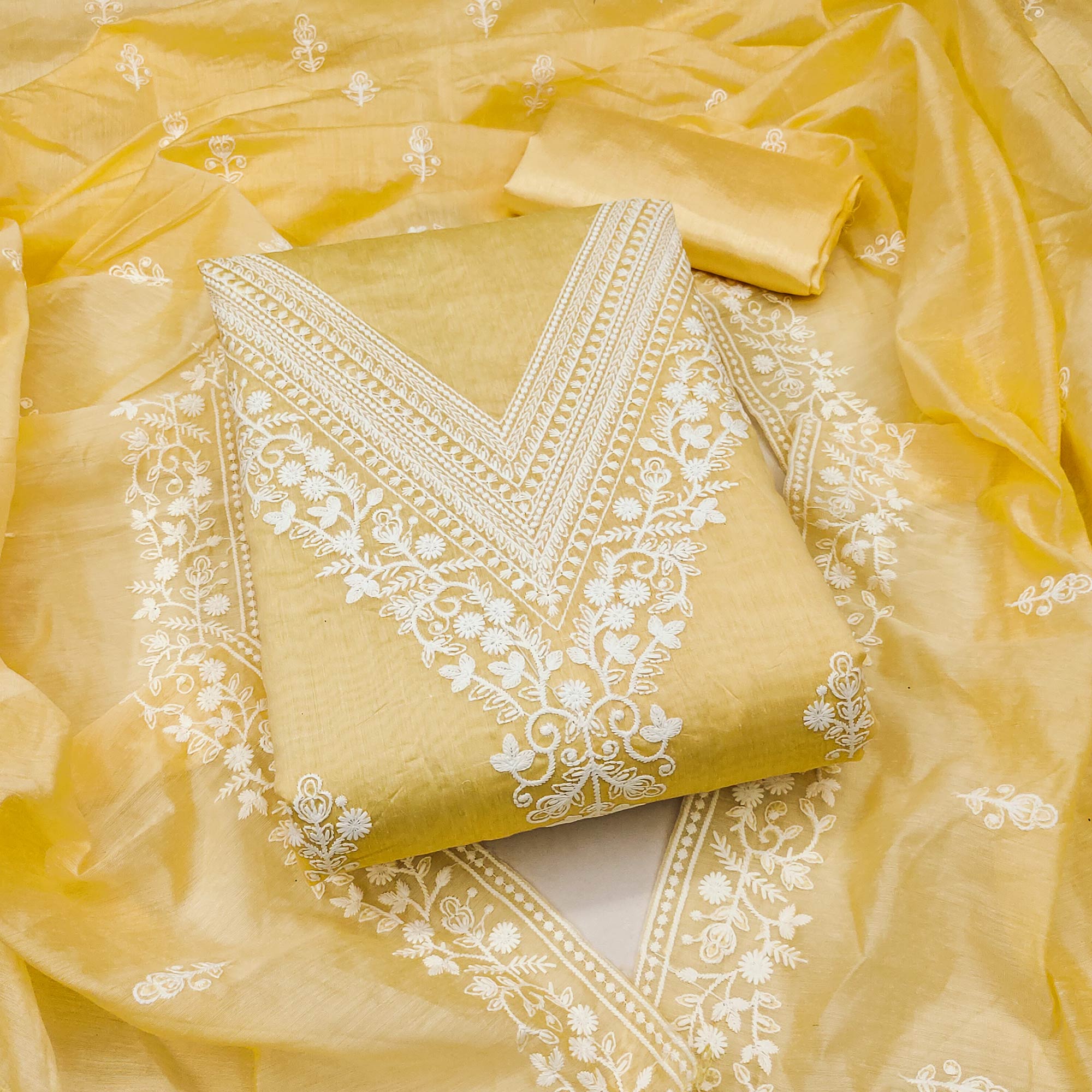 Traditional Yellow Chanderi Silk Suit Fabric with Embroidered Floral Patterns