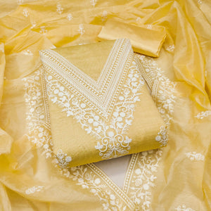 Traditional Yellow Chanderi Silk Suit Fabric with Embroidered Floral Patterns