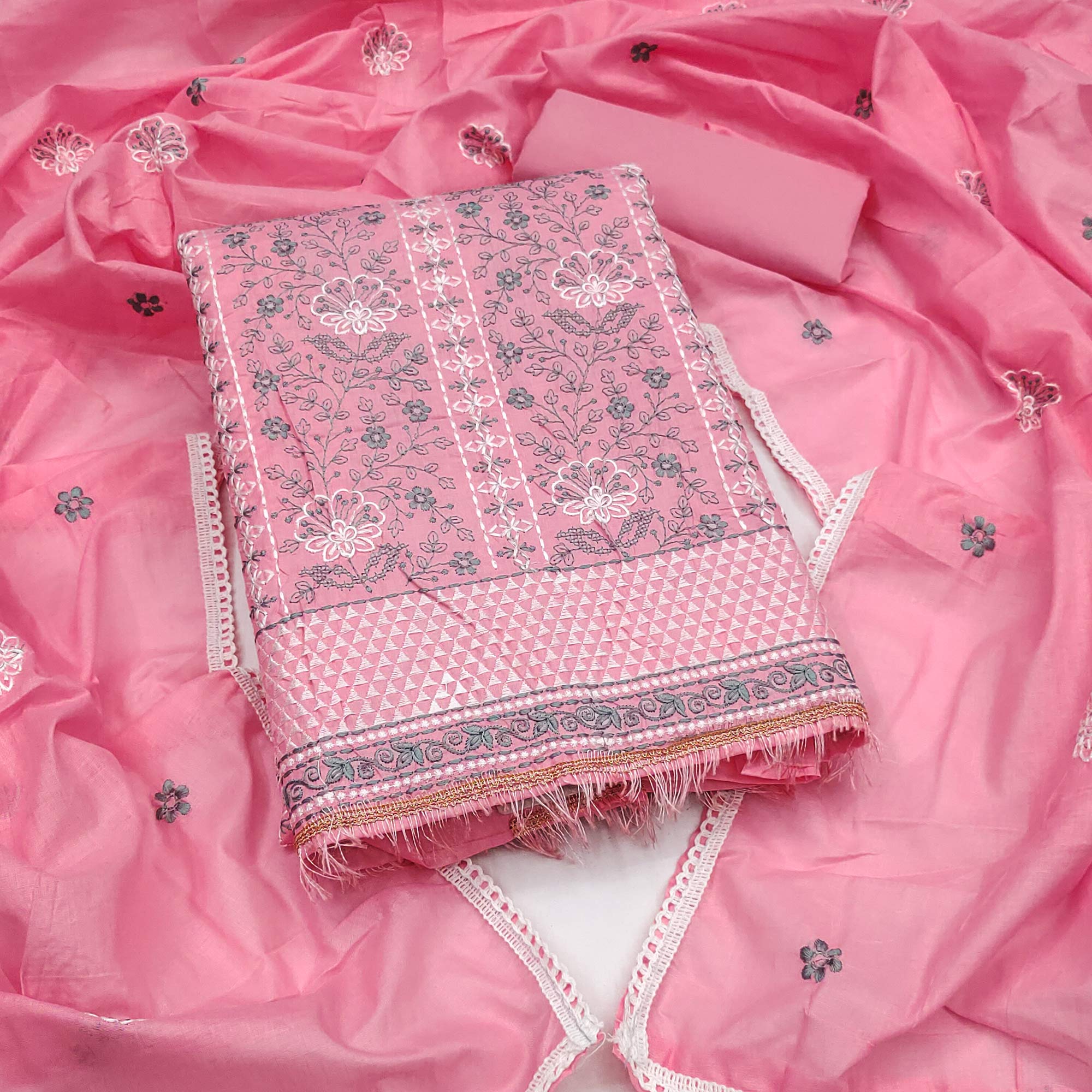 Pink Floral Embroidery Cotton Fabric for Ethnic Wear and Everyday Grace