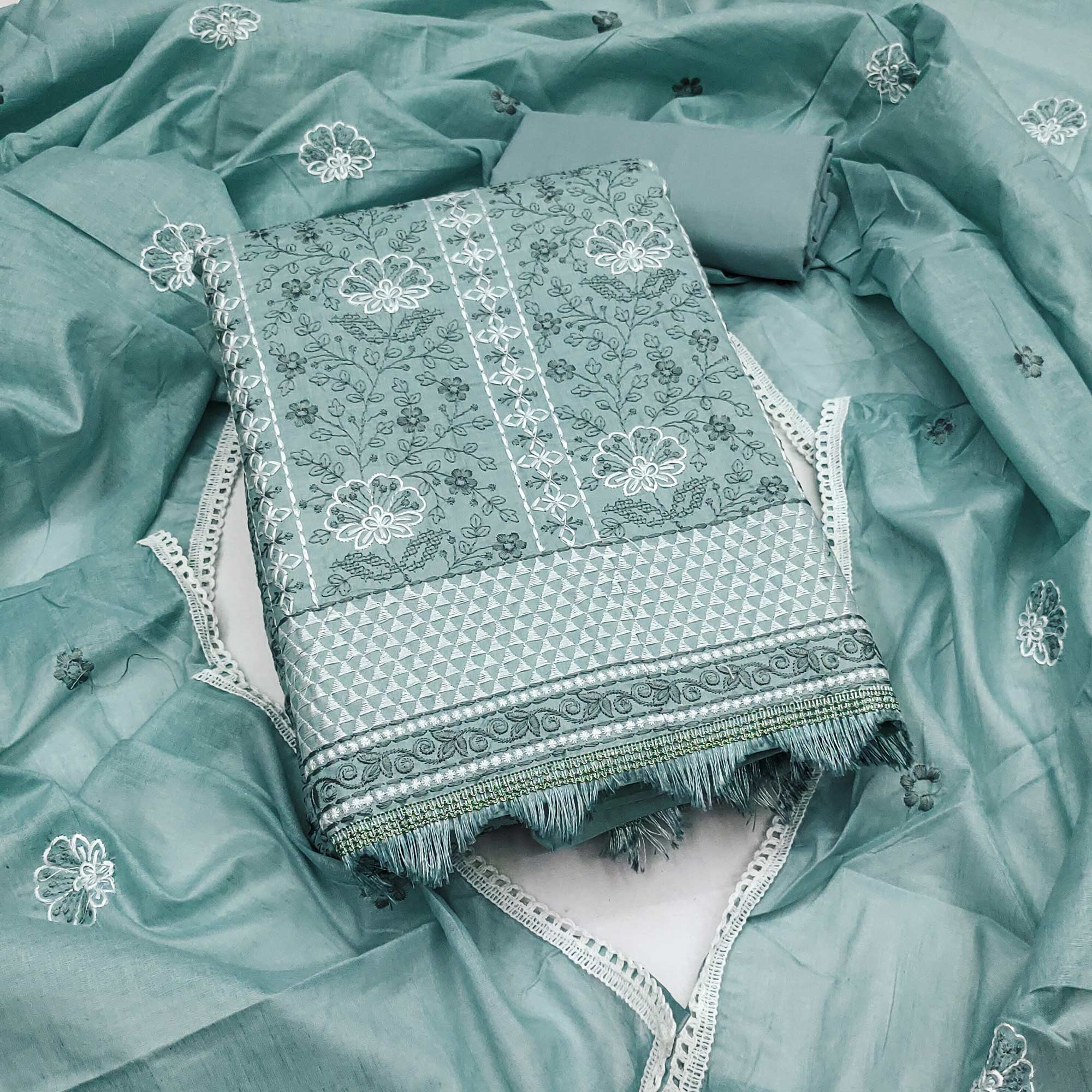 Sea Green Floral Embroidery Cotton Fabric for Ethnic Wear and Everyday Grace