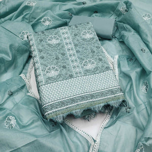 Sea Green Floral Embroidery Cotton Fabric for Ethnic Wear and Everyday Grace