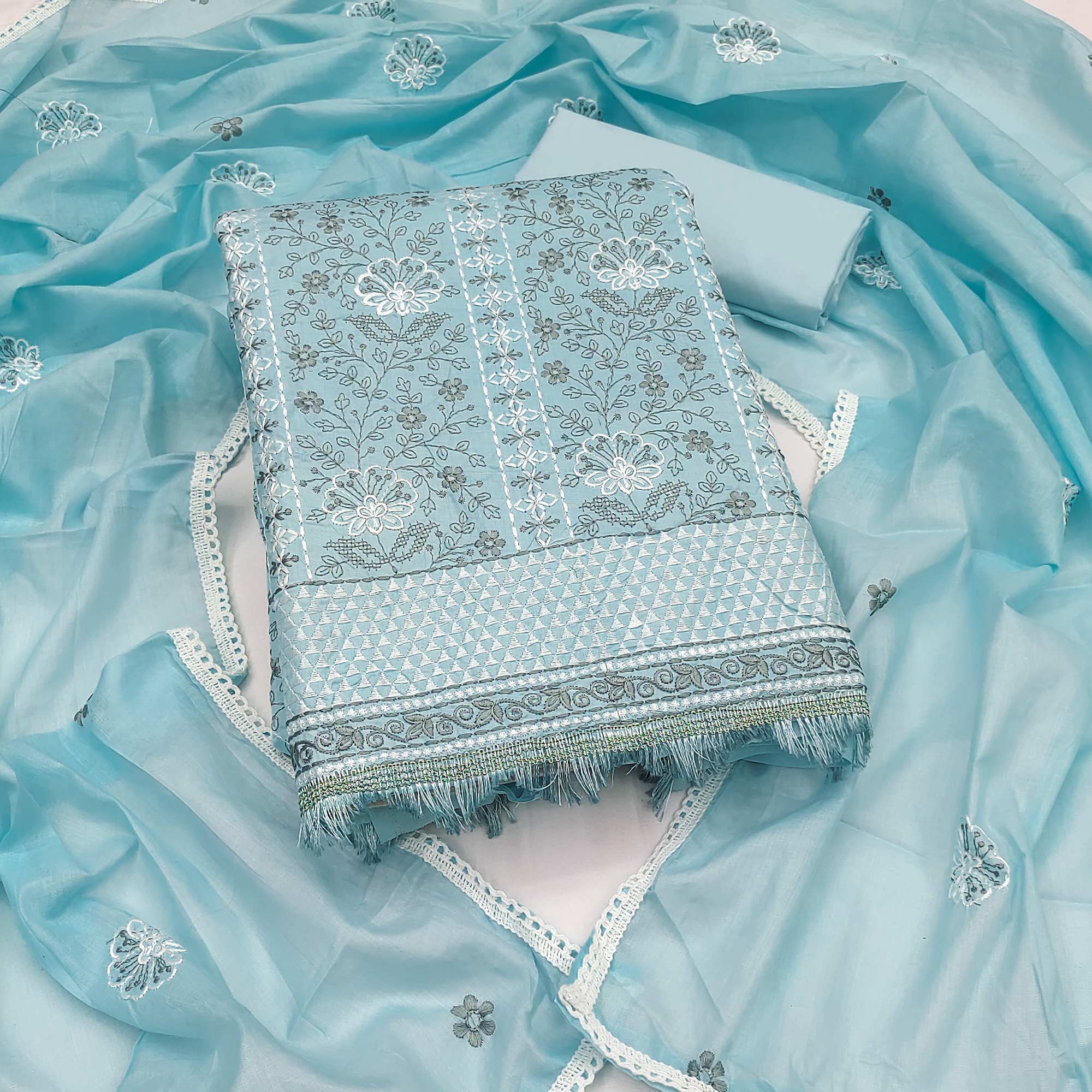 Sky Blue Floral Embroidery Cotton Fabric for Ethnic Wear and Everyday Grace