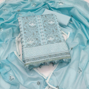 Sky Blue Floral Embroidery Cotton Fabric for Ethnic Wear and Everyday Grace