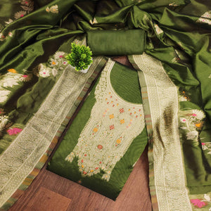 Green Unstitched Dress Material in Sheer Chanderi Silk with Zari Work