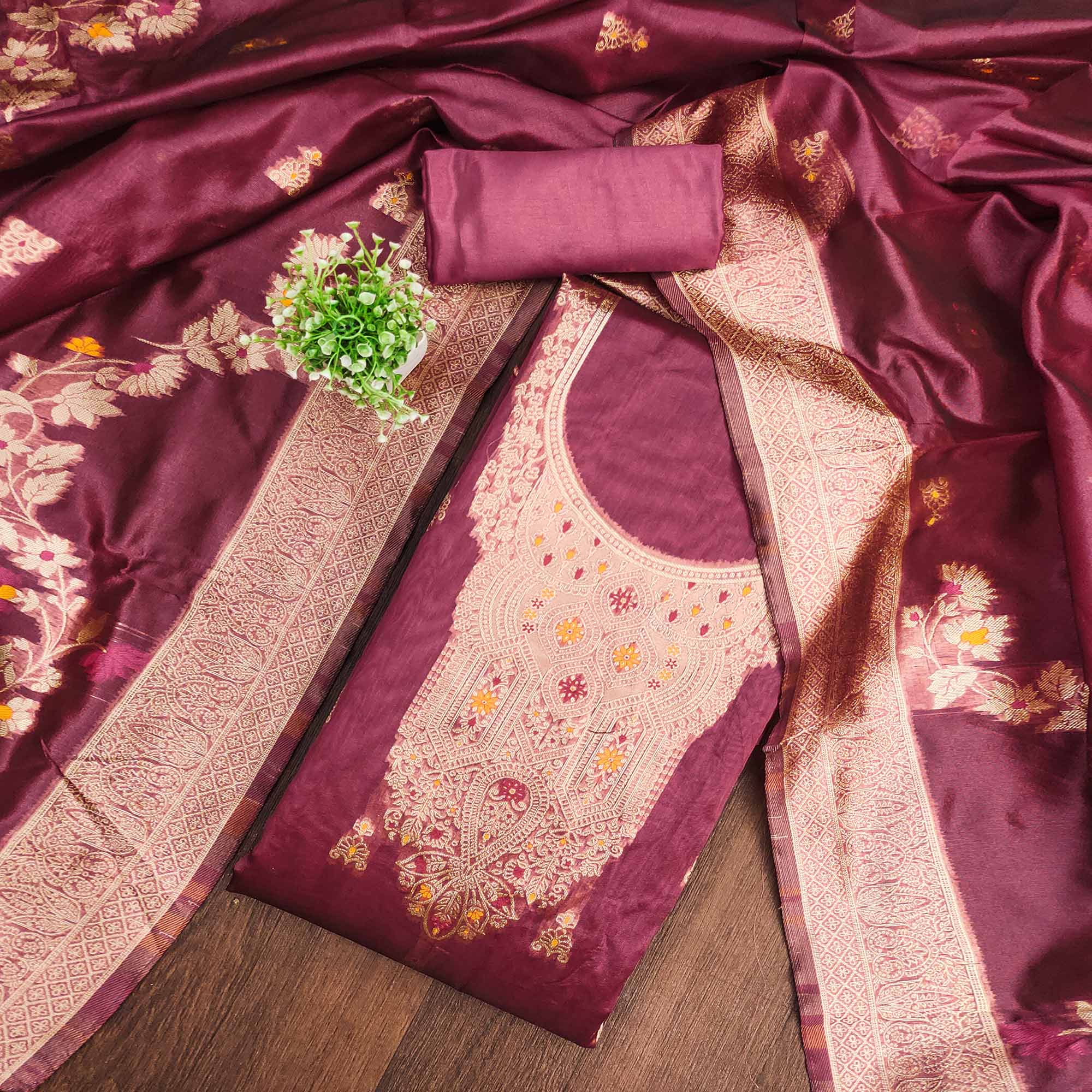 Wine Unstitched Dress Material in Sheer Chanderi Silk with Zari Work