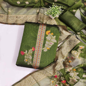 Green Chanderi Silk Dress Material Adorned With Elegant Floral Zari Weaving