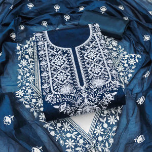 Blue Chanderi Silk Dress Material Enhanced with Delicate Floral Thread Embroidery
