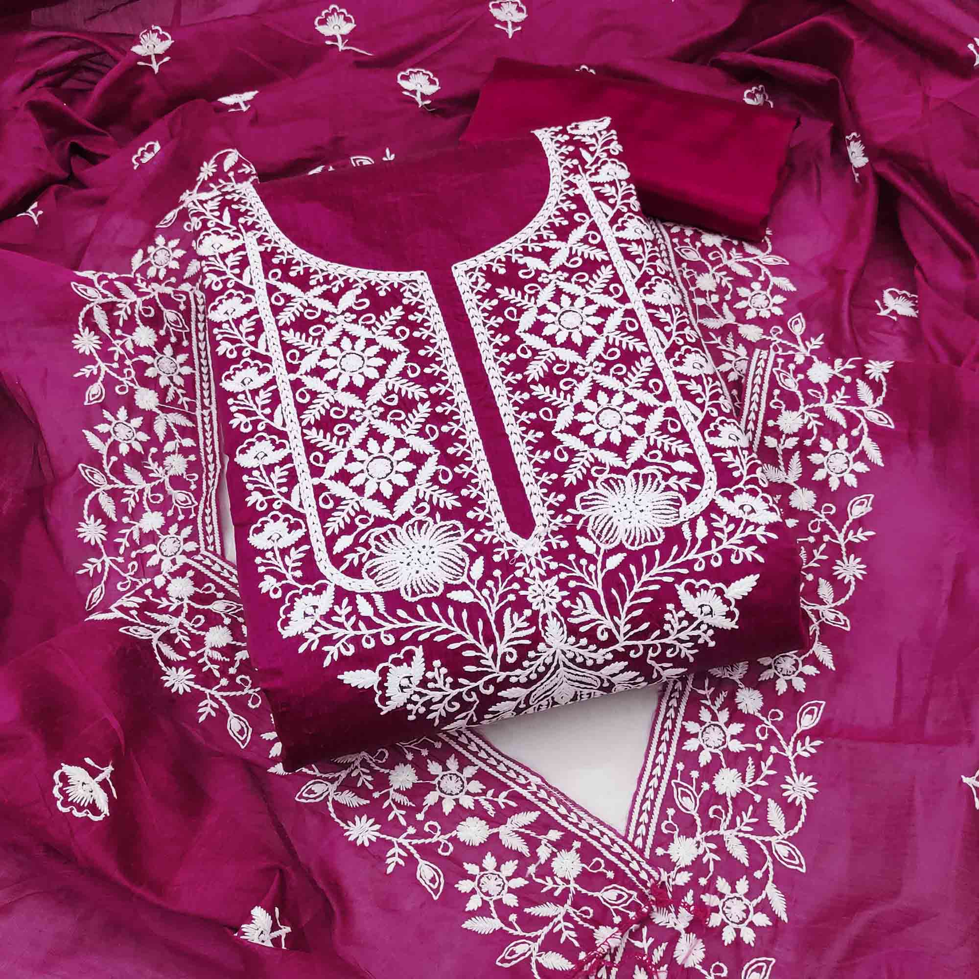 Rani Pink Chanderi Silk Dress Material Enhanced with Delicate Floral Thread Embroidery