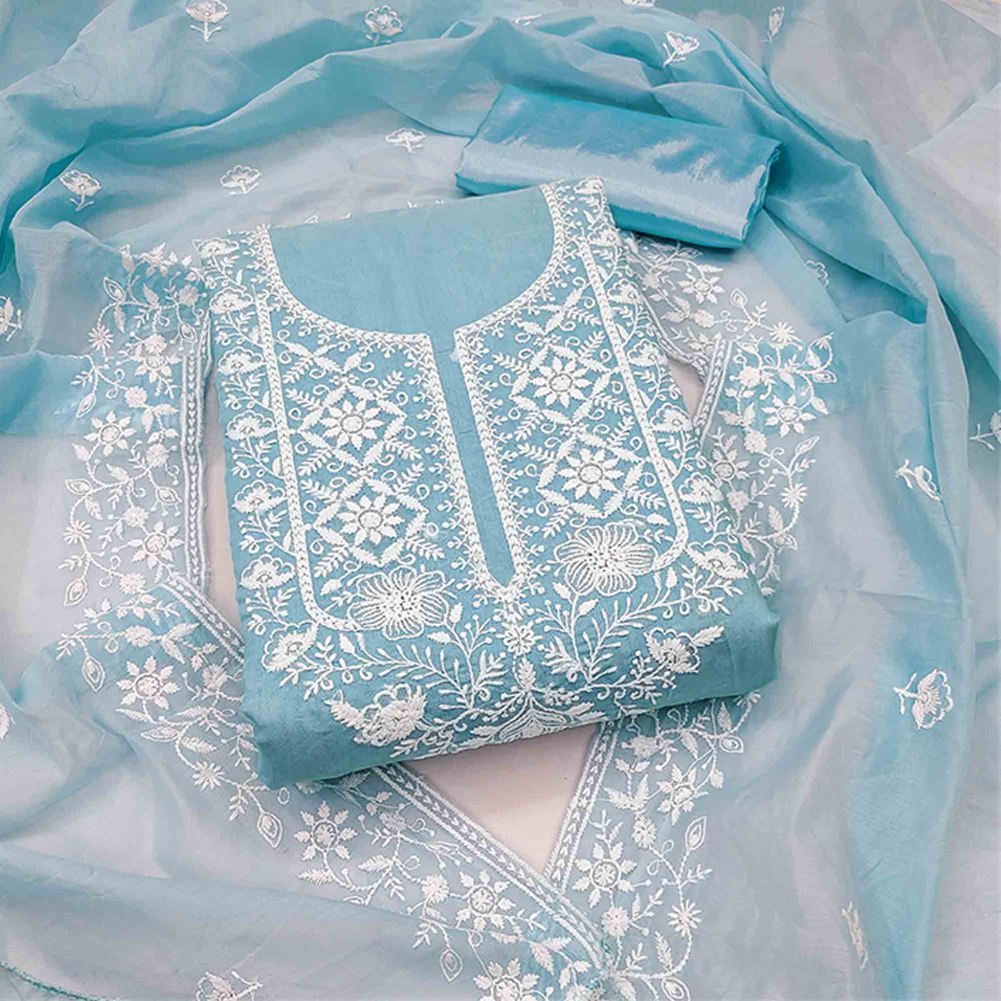 Sky Blue Chanderi Silk Dress Material Enhanced with Delicate Floral Thread Embroidery