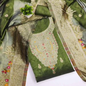 Green Chanderi Silk Fabric with Intricate Floral Zari Woven Detailing