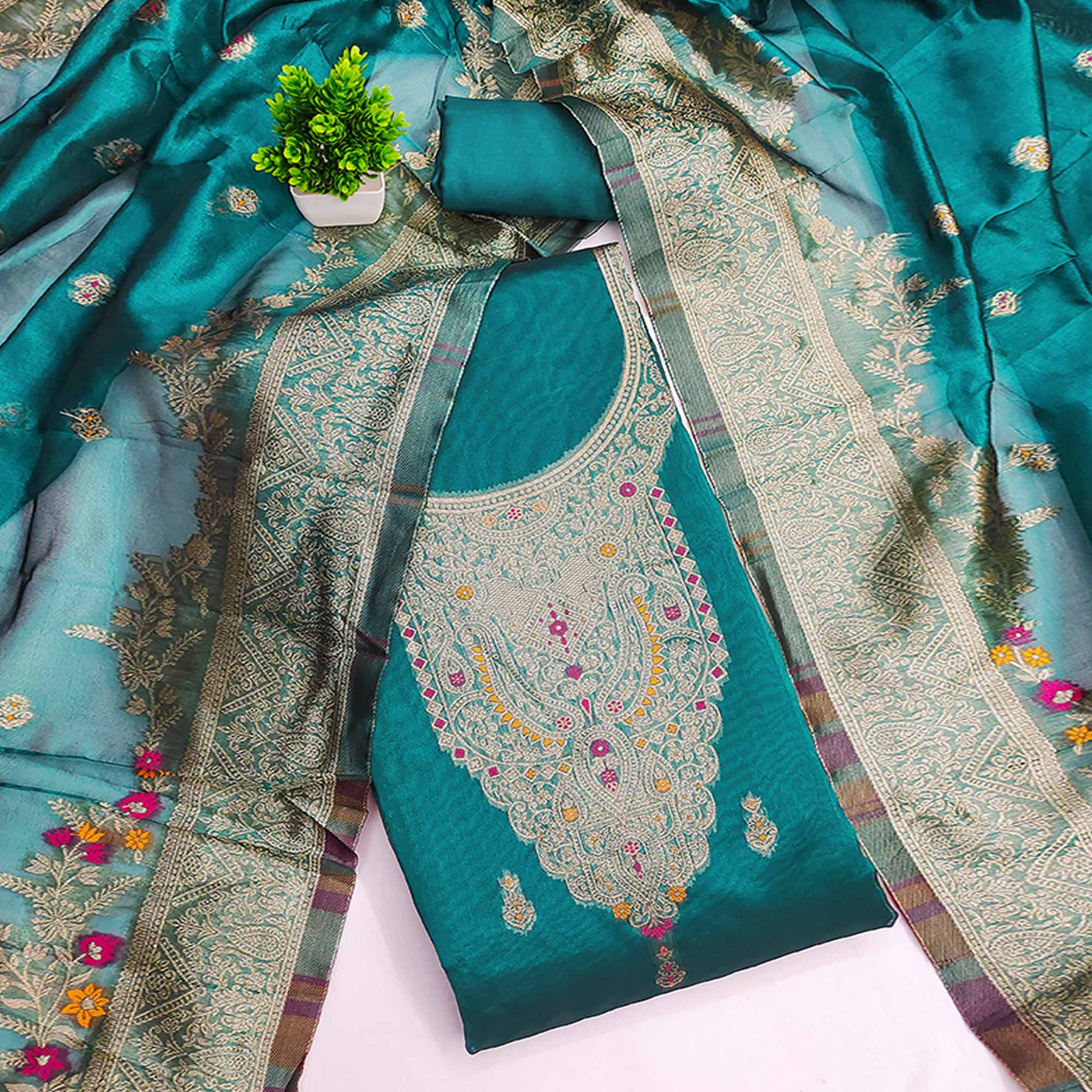 Teal Chanderi Silk Fabric with Intricate Floral Zari Woven Detailing
