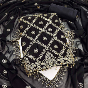 Black Georgette Dress Material Adorned With Floral Zari Embroidery Work