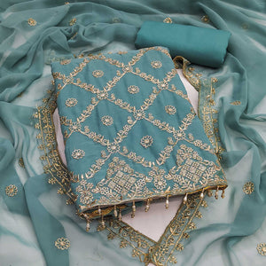 Dusty Turquoise Georgette Dress Material Adorned With Floral Zari Embroidery Work