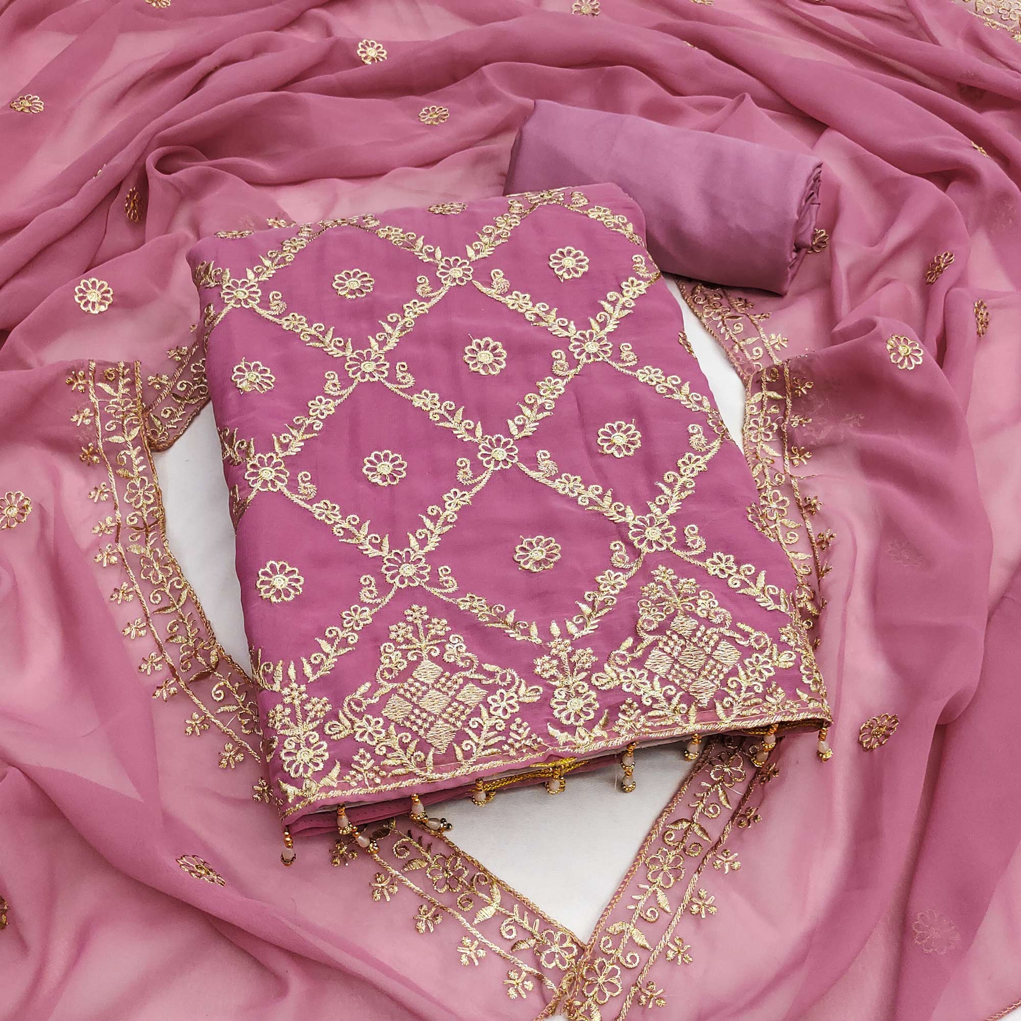 Pink Georgette Dress Material Adorned With Floral Zari Embroidery Work