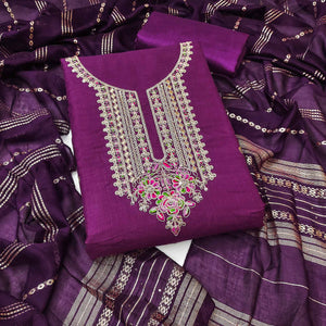 Dark Magenta Cotton Blend Dress Material Adorned With Floral Cording Embroidery & Sequins work