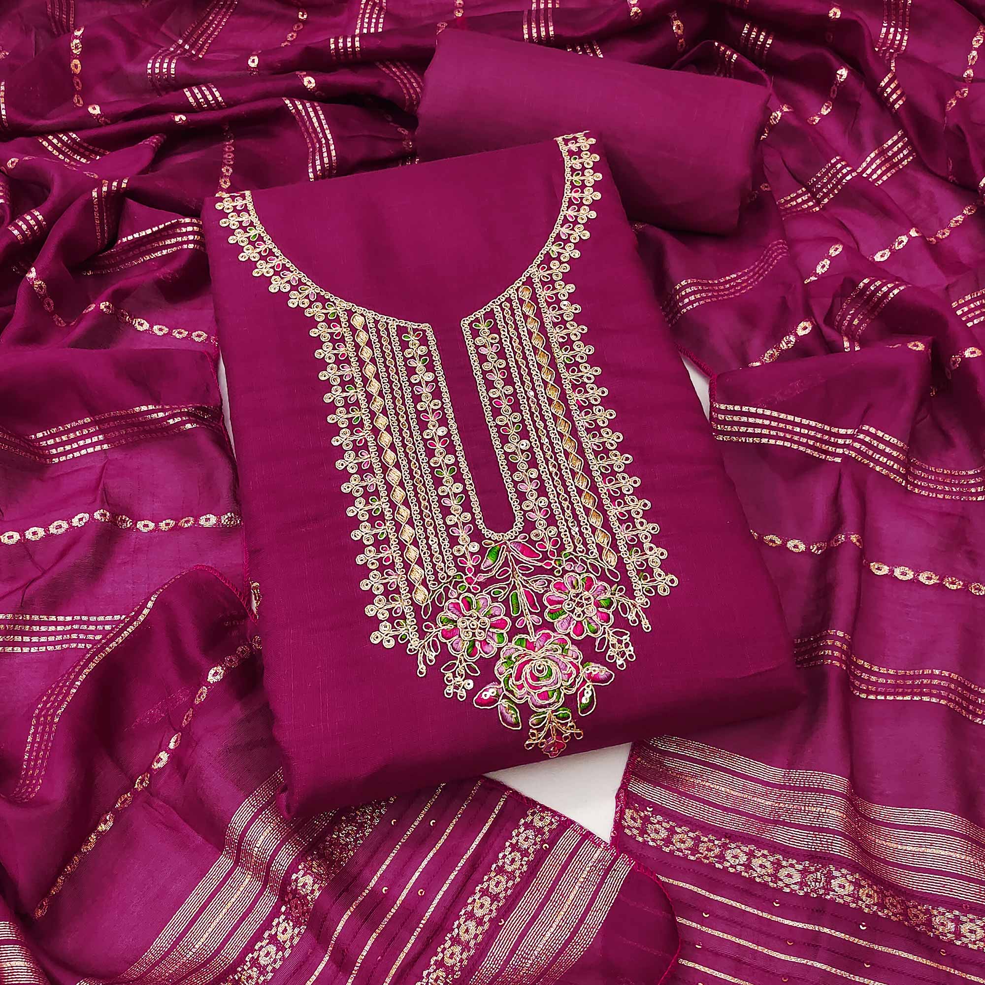 Dark Rani Pink Cotton Blend Dress Material Adorned With Floral Cording Embroidery & Sequins work