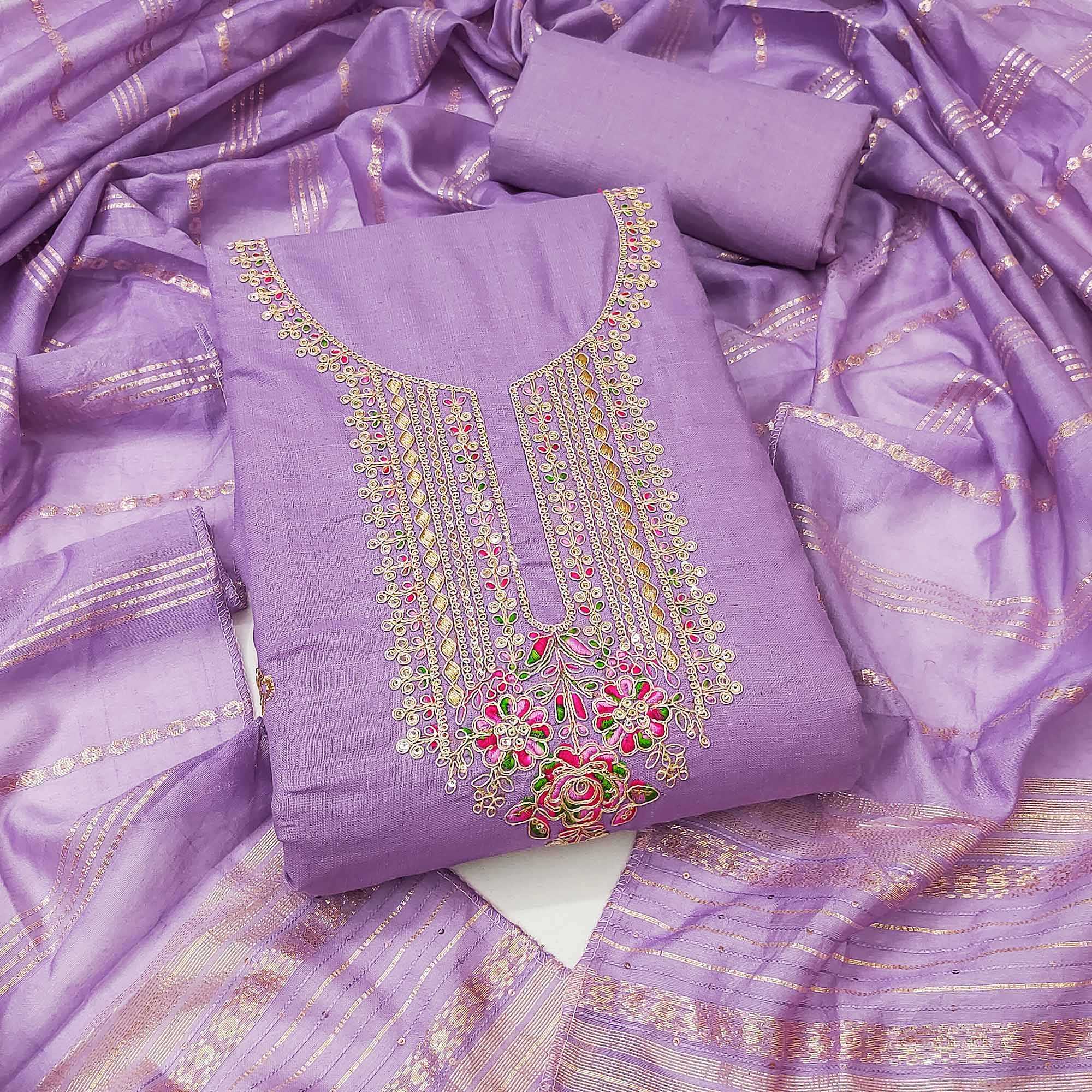 Lavender Cotton Blend Dress Material Adorned With Floral Cording Embroidery & Sequins work