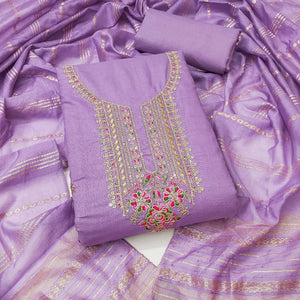 Lavender Cotton Blend Dress Material Adorned With Floral Cording Embroidery & Sequins work